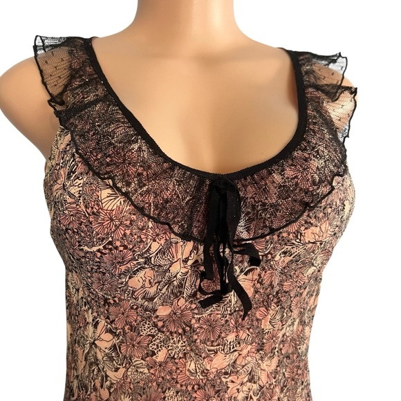 Max Studio Y2K Pink Floral Print Silk Dress with Black Lace - Picture 4 of 11